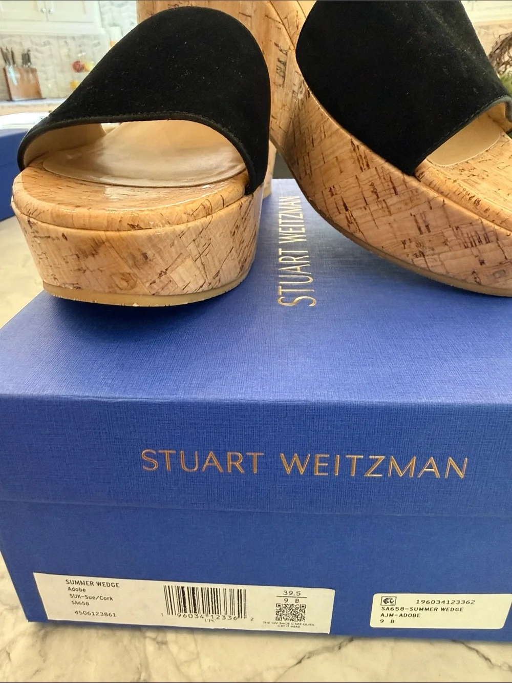 Stuart Weitzman Black Suede Cork Wedge Slide Sandals